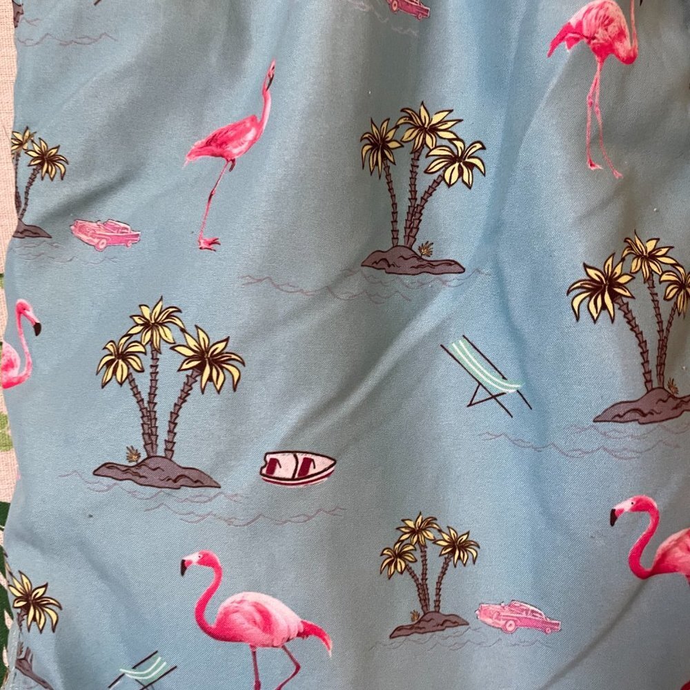 Blue Beachy Flamingo Palm Tree Boat Swimming Trunks With Back Pocket B1 - Picture 2 of 4